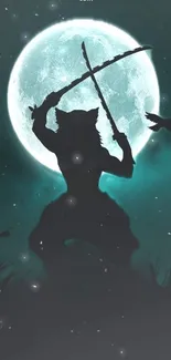 Silhouette of warrior with swords against a full moon.