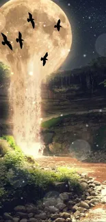 Fantasy moonlit waterfall with birds and lush greenery.