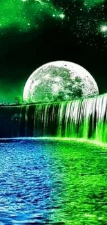 Moonlit fantasy waterfall with green and blue glow.