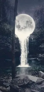 Surreal moonlit waterfall in a dark forest, creating a fantasy night scene.