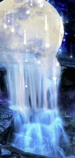 Moonlit waterfall with flowing luminous waters in a fantasy night scene.