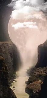 Fantasy art of a moon turning into a waterfall cascading into a canyon.