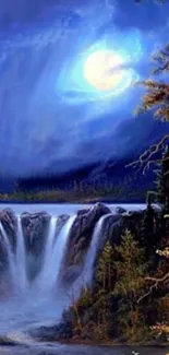 Moonlit waterfall at night with forest and glowing sky.