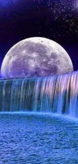 Moonlit waterfall under a starry night sky with rich blues and purples.