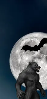 Werewolf and bat with full moon at night on a dark blue wallpaper background.