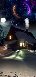 Moonlit winter cabin with cosmic night sky above.