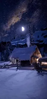 Snowy cabin under a starry night sky with moonlight.