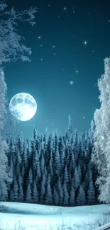 Moonlit winter forest with snow and stars.