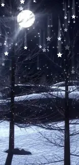 Moonlit winter forest with stars and snow, creating a serene nightscape.