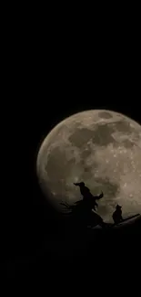 Witch and cat flying across a full moon at night.