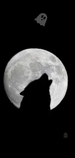 Wolf howling at full moon with ghostly figures in a dark night sky.