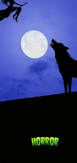 A wolf howling at the moon with a dark silhouette under a blue night sky.