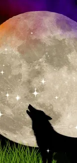 Silhouette of a wolf howling at the full moon with stars in the night sky.