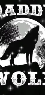 Wolf silhouette against moon in mobile wallpaper.
