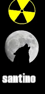 Wolf howling at the moon with a radioactive symbol above.