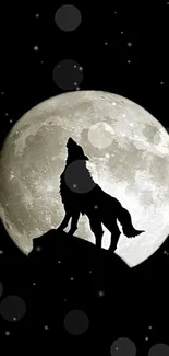 Silhouette of a wolf howling at the full moon at night.