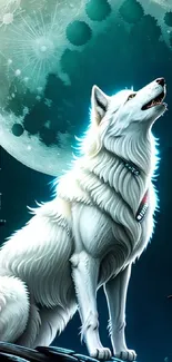 A majestic white wolf howling under a glowing full moon in a futuristic cityscape.