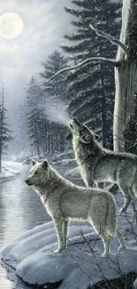 Two wolves howling under a moonlit winter sky by a snowy river.