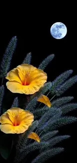 Yellow flowers under a moonlit sky wallpaper.