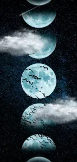 Mobile wallpaper of moons and clouds against a starry night sky.