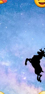 Galaxy wallpaper with moose and emojis on blue background.