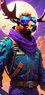 Moose dressed as aviator, vibrant sky background.