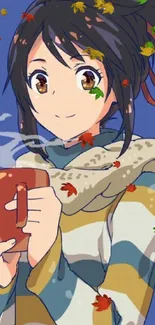 Anime character holding a mug, with 'Buenos días' text.