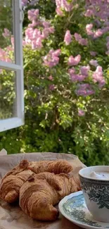 Croissants and coffee by open window with pink blossoms.