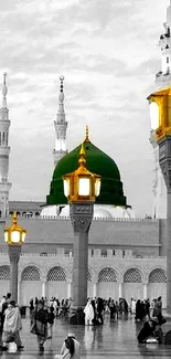 Mosque with green dome and gold lamps in elegant architectural view.