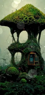 Mossy fantasy treehouse in misty forest wallpaper.