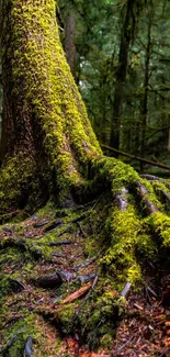 Moss-covered tree roots in a lush forest setting.