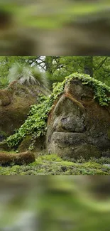 Nature-inspired mossy rock sculptures in a green forest setting.