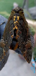 Close-up of a moth with detailed wing patterns, resting on a surface.