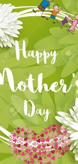 Green Mother's Day wallpaper with floral and family elements.