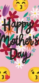 Mother's Day wallpaper with flowers and emojis in a heart shape.