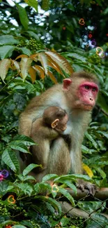 Mother monkey cuddling baby in lush jungle.