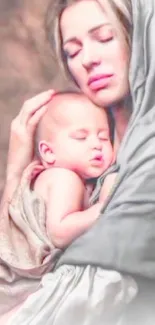 A serene image of a mother lovingly holding her sleeping baby.