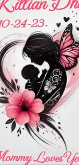 Mother and baby silhouette with pink floral and butterfly accents.