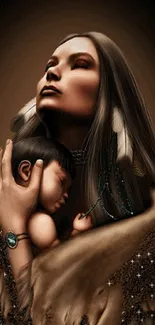 Artistic wallpaper of a serene mother holding her child, with earthy tones.