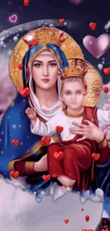 Artistic depiction of Mother and Child with hearts in a vibrant blue and gold theme.