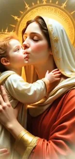 Artistic image of mother and child in warm embrace glowing with divine light.