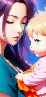 Anime depiction of a serene mother and child under a star-filled sky.