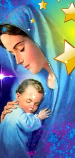 Serene blue painting of a mother holding a child with stars.