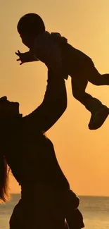 Mother lifting child silhouette at sunset over ocean.