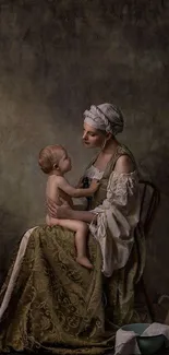 Elegant vintage portrait of a mother with her child in muted, classical styling.