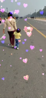 Mother and child walking with heart animations on a wide road