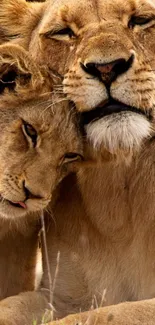 Lioness and cub sharing a tender moment in nature.