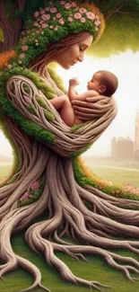 A tree shaped like a woman cradling a baby, symbolizing nature and life.