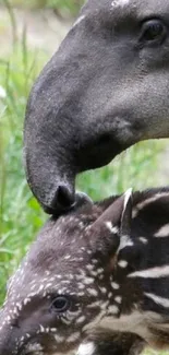 Mother tapir nuzzling baby in green nature setting.