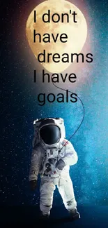Astronaut under moon with motivational quote on a starry background.